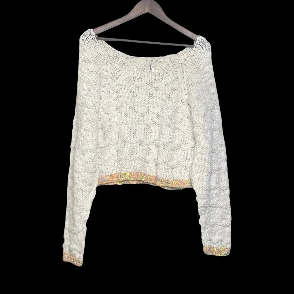 Free People Women Chunky Knit Cropped Sweater Large Cream Neon Space Dye Trim